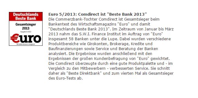 Auszeichnung der Commerzbank als beste Bank 2013