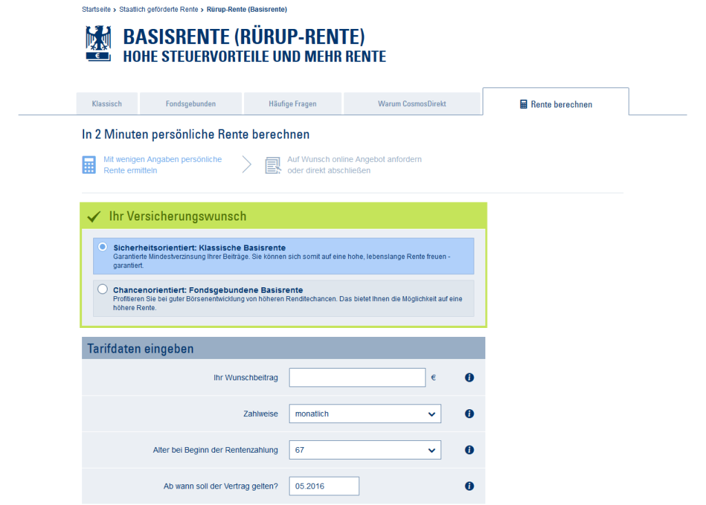 Der Rechner ermöglicht einen Einblick in die individuellen Konditionen