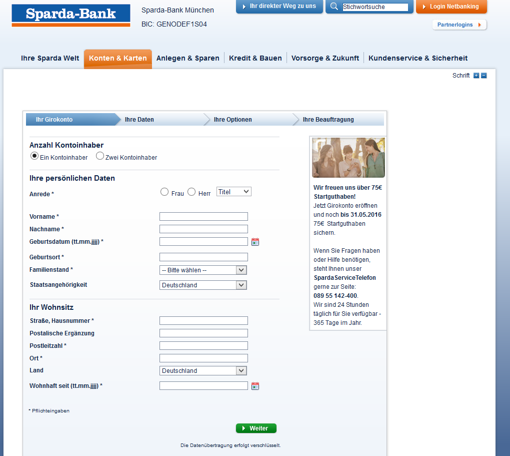 Das Online-Eröffnungsformular der Sparda-Bank München