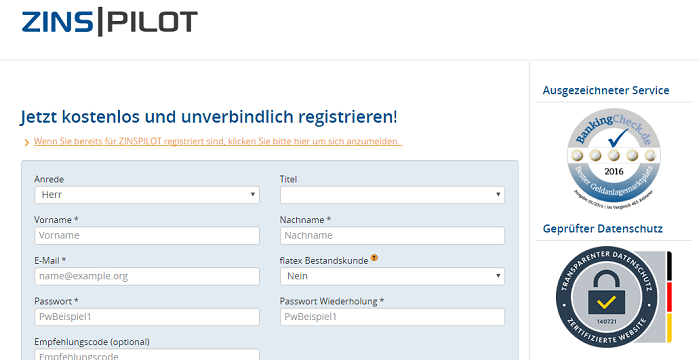 Zinspilot.de Konto anlegen
